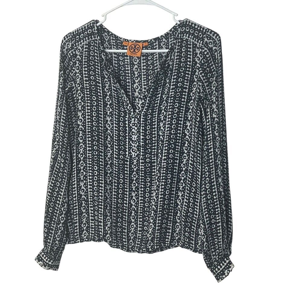Tory Burch Women's Blouse 100% Silk Long Sleeve Black White Print Top Size 2
